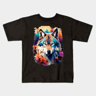 A Grey Wolf with Mountains, Floral Elements, Forests, Trees Kids T-Shirt